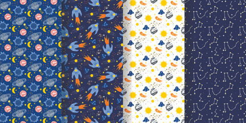Set seamless backgrounds on theme of space and universe. Continuous patterns with planets, suns, moon, stars, comets, asteroids, space dust and spaceship. Group of cosmos themed kids prints, vector © Iry