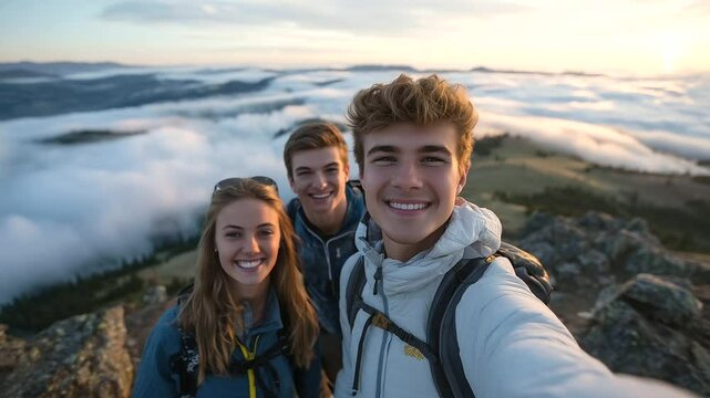 Friends pose for a selfie on a cliffside hike above rolling clouds