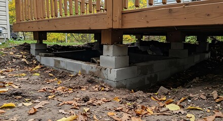 Home improvement project: new concrete block foundation under an existing wooden deck.

