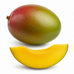 Whole and Sliced Mango on White Background