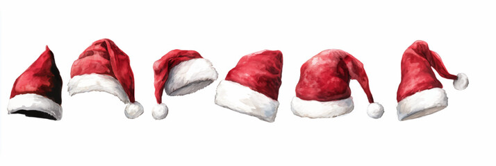Vector illustration of  festive collection of watercolor Santa hats in different shapes and angles on white background