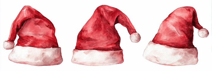 Vector illustration of  festive collection of watercolor Santa hats in different shapes and angles on white background