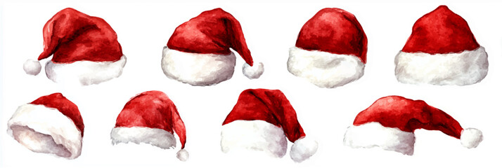 Vector illustration of  festive collection of watercolor Santa hats in different shapes and angles on white background
