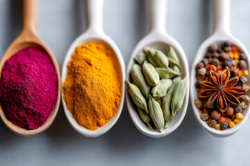 Colorful spices arranged in wooden spoons, showcasing vibrant hues of red, yellow, and green, with a variety of textures and shapes, ideal for culinary inspiration and food photography