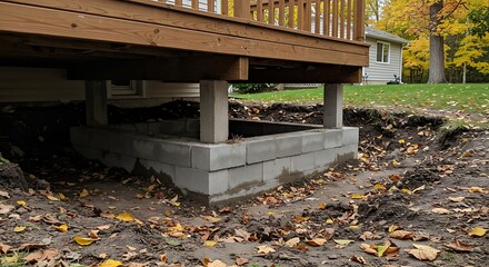 Construction progress on a deck foundation, with concrete blocks and lumber visible.


