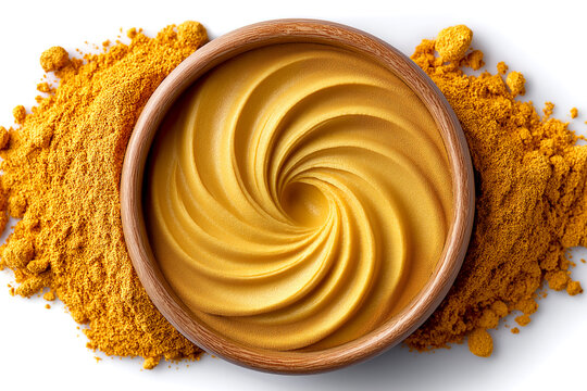 Golden turmeric or cumin paste in a wooden bowl surrounded by vibrant turmeric powder, showcasing the rich texture and color, ideal for culinary uses and health benefits in various dishes and recipes