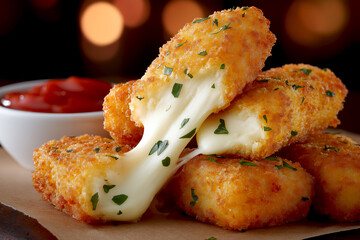 Golden crispy cheese sticks with gooey melted cheese are presented on a wooden board, accompanied by a small bowl of tangy ketchup, creating an inviting snack experience for food enthusiasts