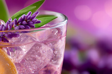 Lavender lemonade. Refreshing beverage in a clear glass filled with ice cubes, garnished with lavender flowers and a slice of citrus against vibrant purple background, relaxation of summer drink