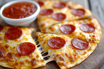 Pepperoni pizza slices on a wooden serving board, with melted cheese and a side of marinara sauce, showcasing appetizing textures and inviting presentation for food lovers and culinary enthusiasts