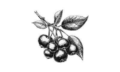Vintage black ink botanical artwork, hand-drawn bush cherry engraving, tropical berry sketch, retro food decor, old engraving style, natural fruit illustration, rustic kitchen art,