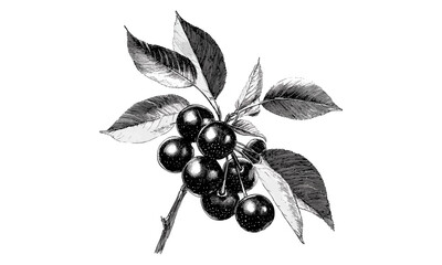 Retro hand-drawn engraving of bush cherry, vintage tropical berry sketch, black ink botanical art, trendy food decor, antique style illustration, organic fruit drawing, rustic design,