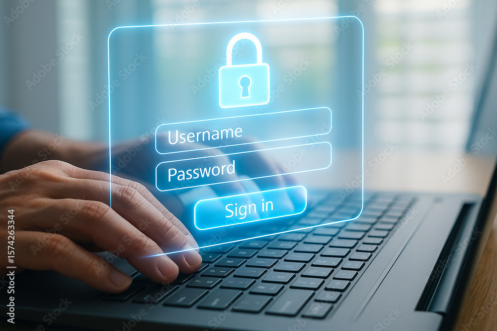 Poster cyber security login authentication password protection data safety account access on laptop compute