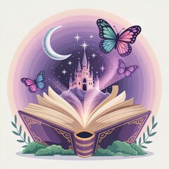 Magical Storybook with Enchanted Castle and Butterflies Vector Illustration