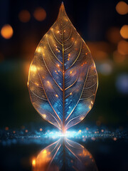 Beautiful luminescent leaf with fantasy-inspired magical bokeh highlights