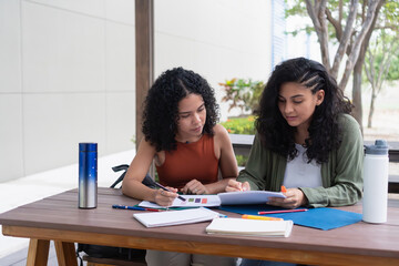 Focused university students studying together outdoors at campus