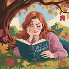 Vintage Illustration of Woman Reading "The Secret Garden" in Autumn Park