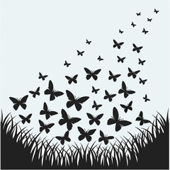 Black Butterfly Swarm Silhouette Grass Background butterflies