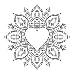 A black and white mandala love flower coloring page