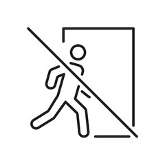 Person Exiting Door Prohibited Line Icon. No Entry, Restricted Access, And Unauthorized Exit Warning Outline Symbol. Safety And Security Signage. Editable Stroke. Isolated Vector Illustration