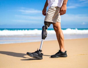 Man with prosthetic leg walking on beach