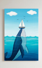 whale lifting sailboat in whimsical sea painting