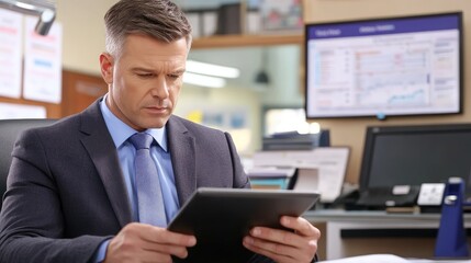Fototapeta premium Serious executive reviews data on his tablet in his office setting