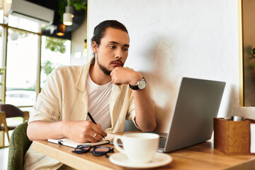 Young man engages in creative remote work while enjoying coffee at a lively cafe