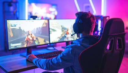 Immersive Gaming Session: Focused Gamer in Vibrant RGB Setup