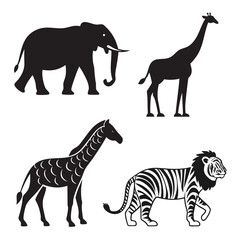 Fototapeta premium Hand Drawn Black Silhouettes African Animals Set Elephant Giraffe Zebra Lion White Background