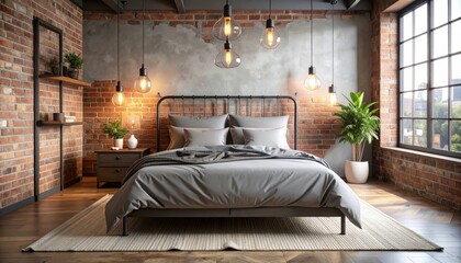 Industrial Bedroom Interior: Exposed Brick, Edison Bulbs, Modern Bed, Cozy Ambiance.