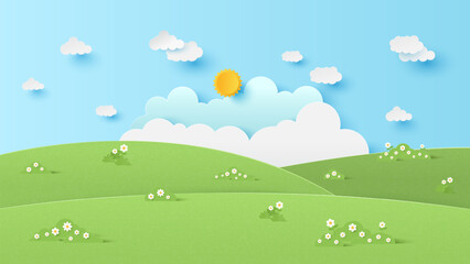 Landscape scenery with mountain and white cloud in summer blue sky background. Green landscape with blue sky