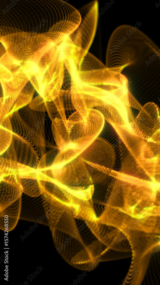 Poster abstract golden light waves intertwine in a dynamic mesh pattern on a black background, creating a s
