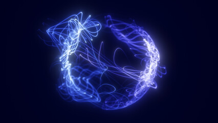 Light blue and white glowing energy ribbons forming a digital sphere with flowing particle streams