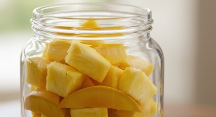 Freshly Cut Mango Chunks in Glass Jar, Bright Yellow Fruit, Close-up