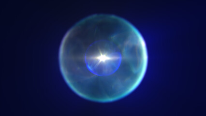 Abstract glowing blue energy sphere with fading edges and a deep radial gradient, floating in dark void with lens effects