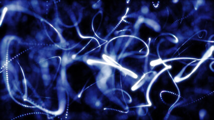 Abstract blue light trails and particles floating through a dark digital space in motion