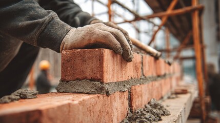 Brick mason spreading mortar with trowel before positioning bricks in a straight line, background with scaffolding.