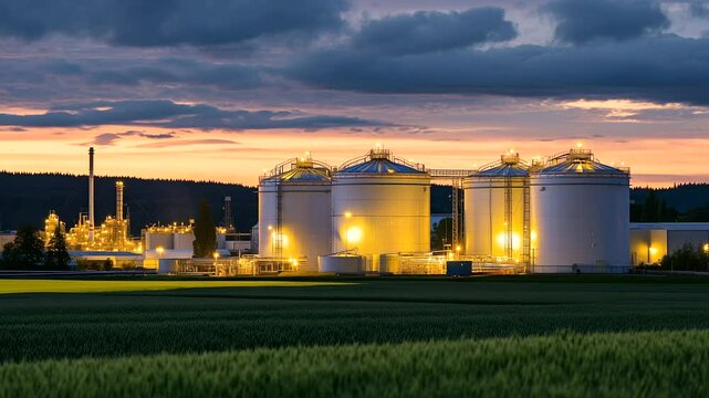Bioethanol factory pipes and tanks glistening in golden hour light, with crops growing in the background
