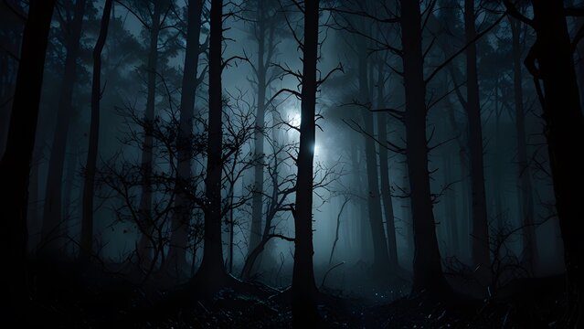 Bosque oscuro y brumoso iluminado por luz de luna