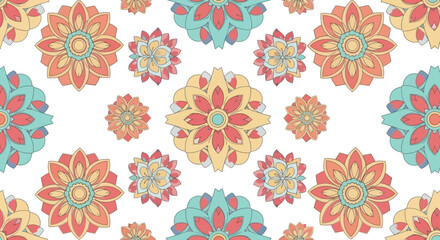Colorful Floral Pattern with Repeating Flower Designs on White Background.