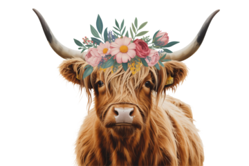 A fluffy highland cow with a flower crown on its head isolated on transparent background