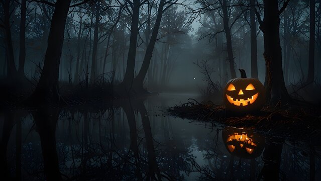 Calabaza iluminada de Halloween en bosque oscuro con reflejo en el agua