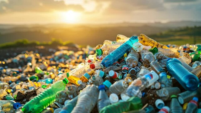 Mountain of Plastic Waste Under a Polluted Sunset.