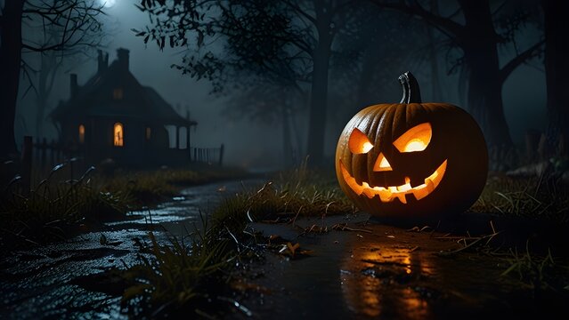Calabaza iluminada de Halloween en bosque con casa antigua y niebla