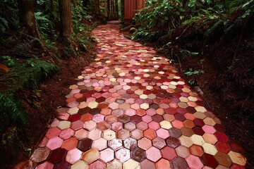 A winding path through a lush forest, paved with colorful hexagonal tiles