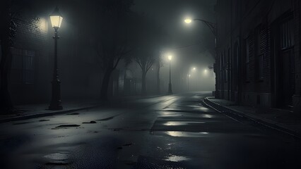 Calle urbana vacía y mojada de noche con niebla y farolas encendidas