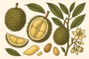 Botanical Durian Composition: Hand-Drawn Illustration of Fruit, Flower, and Leaves