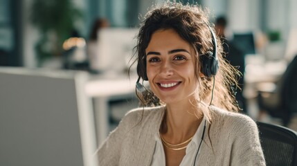Cheerful Hispanic female HR agent working on computer, sunlit workspace, headphones on, joyful expression.