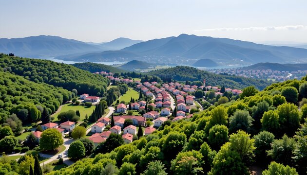 a serene rural landscape. dominating the foreground is a lush green hillside, dotted with an array of verdant trees, their leaves providing a vibrant canopy