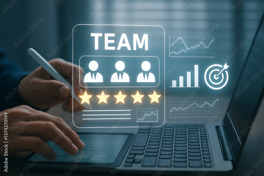 Poster person using a laptop with team rating interface and business charts on the screen interface display